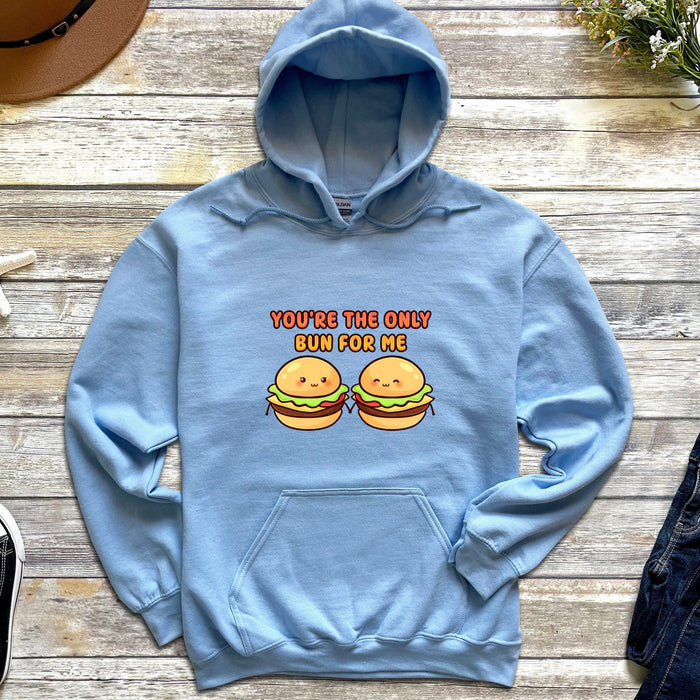 a blue hoodie with two hamburgers on it