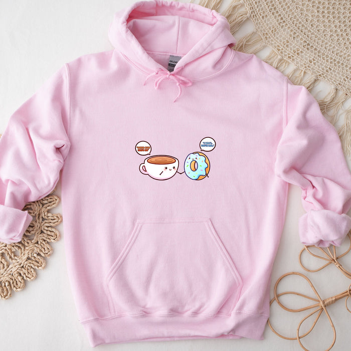 a pink hoodie with a picture of a coffee cup on it