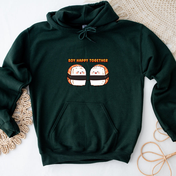 a green sweatshirt with a sushi design on it