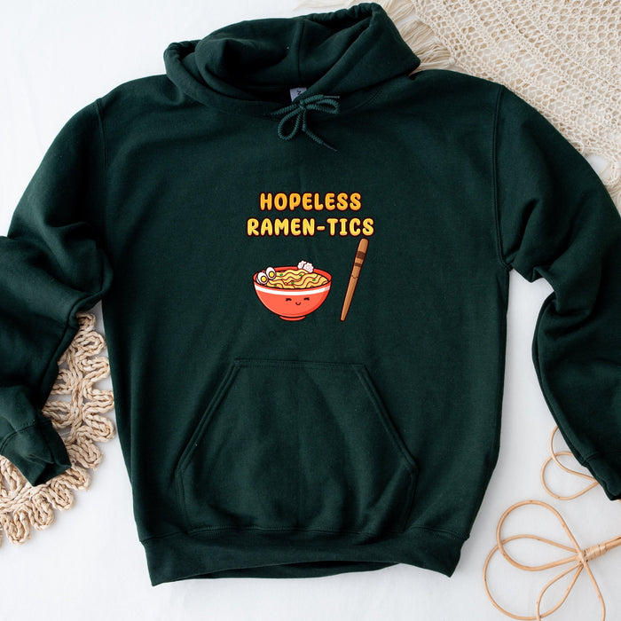 a green hoodie with a bowl of ramen - tics on it