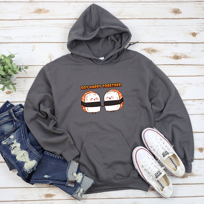 a gray hoodie with two sushi on it