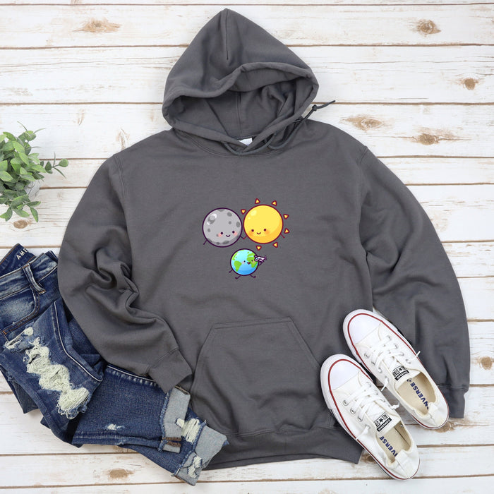 a gray sweatshirt with an image of a sun and a planet on it