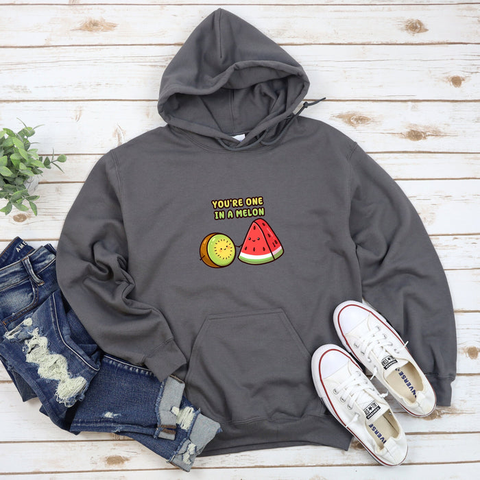 a gray hoodie with a watermelon and kiwi on it