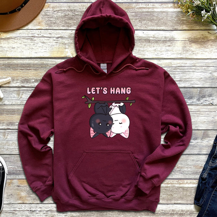 a maroon hoodie that says let&#39;s hang on it