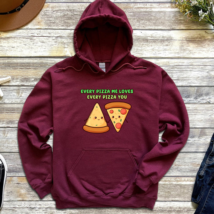 a maroon hoodie with pizza on it