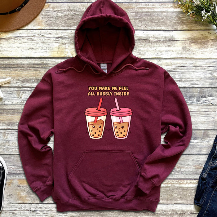 a maroon hoodie with two drinks on it