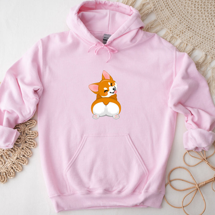 a pink hoodie with a picture of a corgi on it