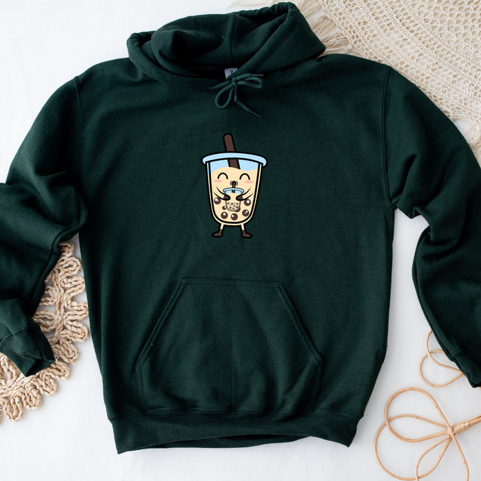 a green hoodie with a picture of a coffee cup on it