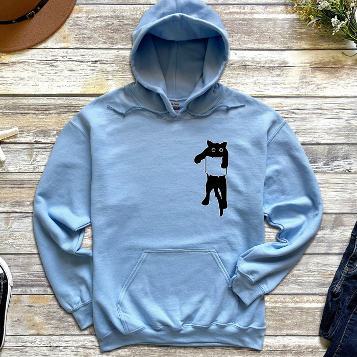 a blue hoodie with a black cat on it