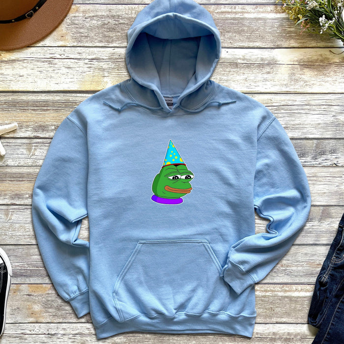 a blue hoodie with a cartoon character on it