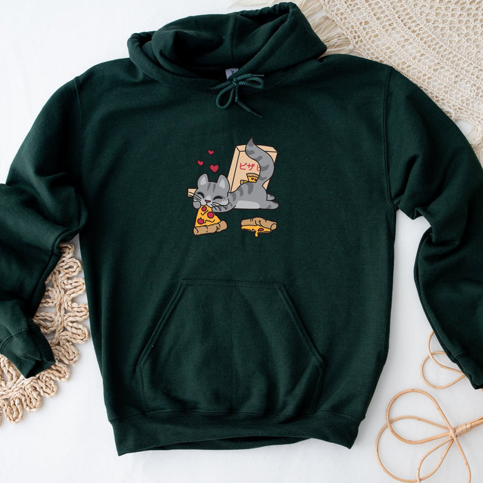 a green hoodie with an image of a cat eating pizza