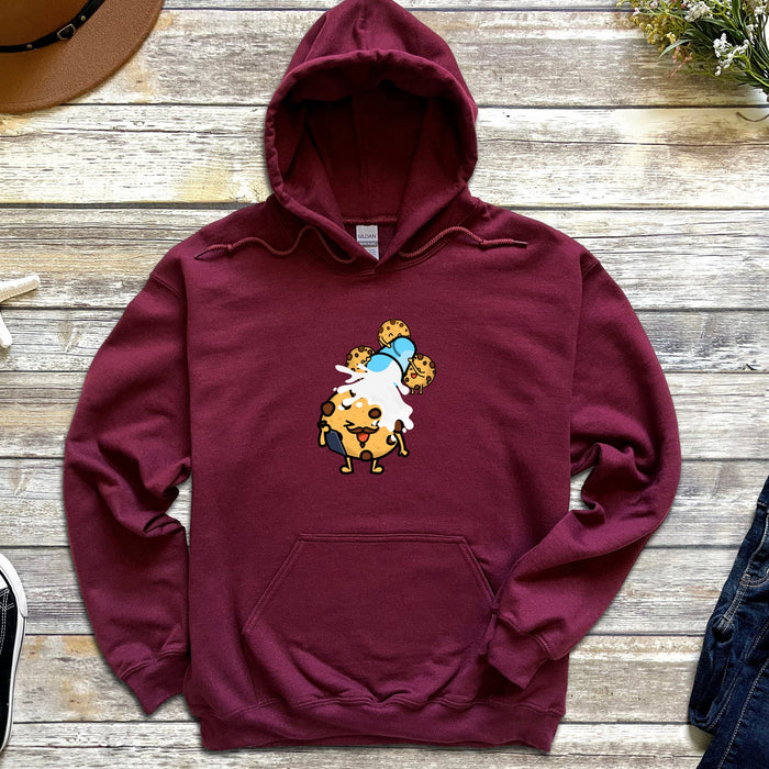 a maroon hoodie with a cartoon character on it