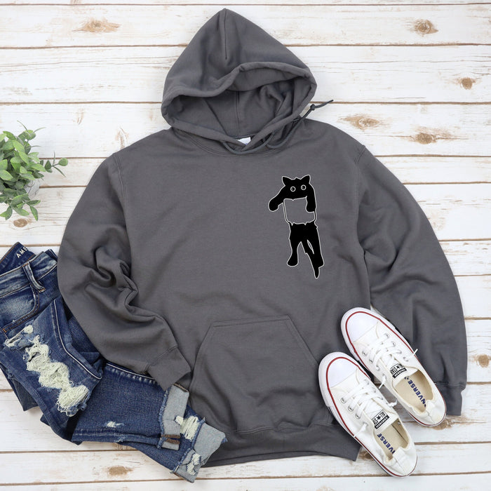 a gray hoodie with a black cat on it