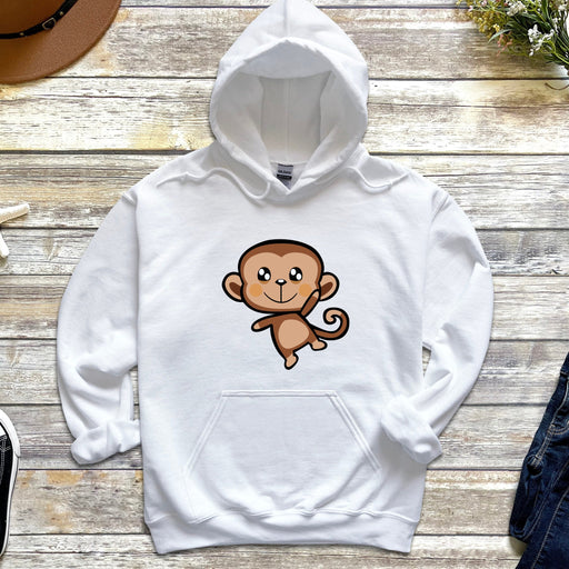 a white hoodie with a cartoon monkey on it