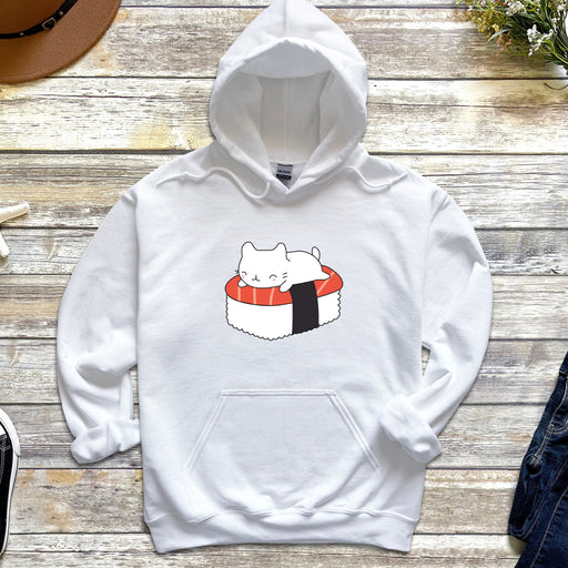 a white hoodie with a sushi cat on it