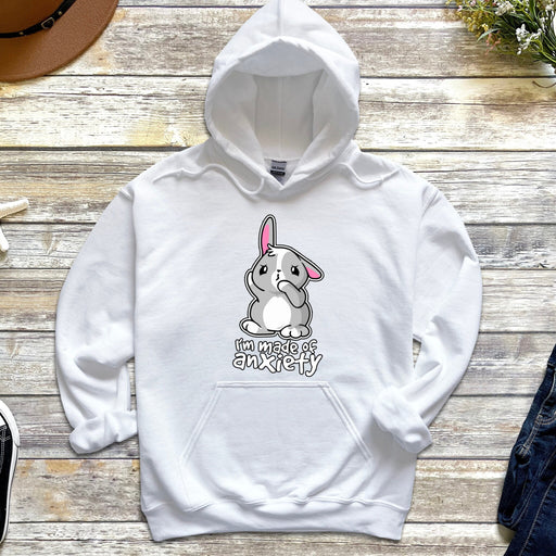 a white hoodie with a cartoon bunny on it