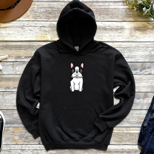 a black hoodie with an image of a dog on it