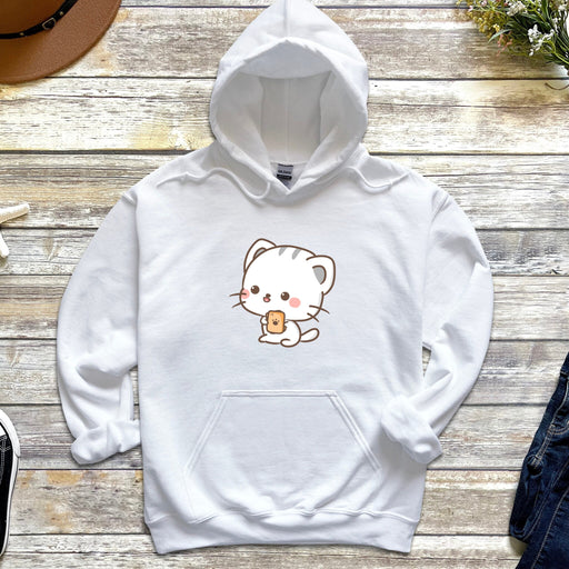 a white hello kitty hoodie with a coffee cup on it