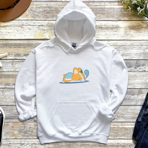 a white hoodie with a cartoon cat on it