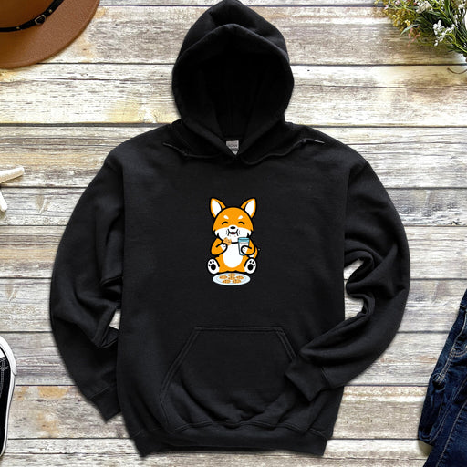 a black hoodie with a picture of a corgi on it