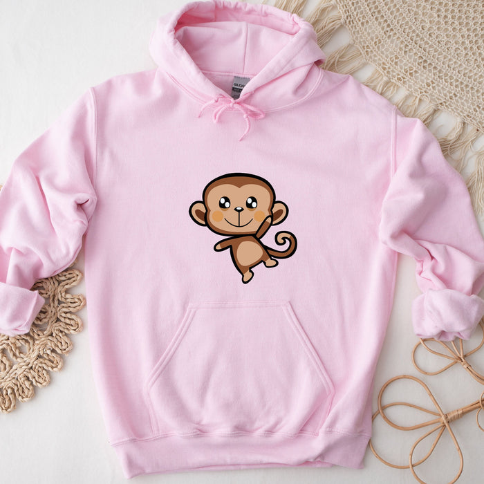 a pink hoodie with a cartoon monkey on it