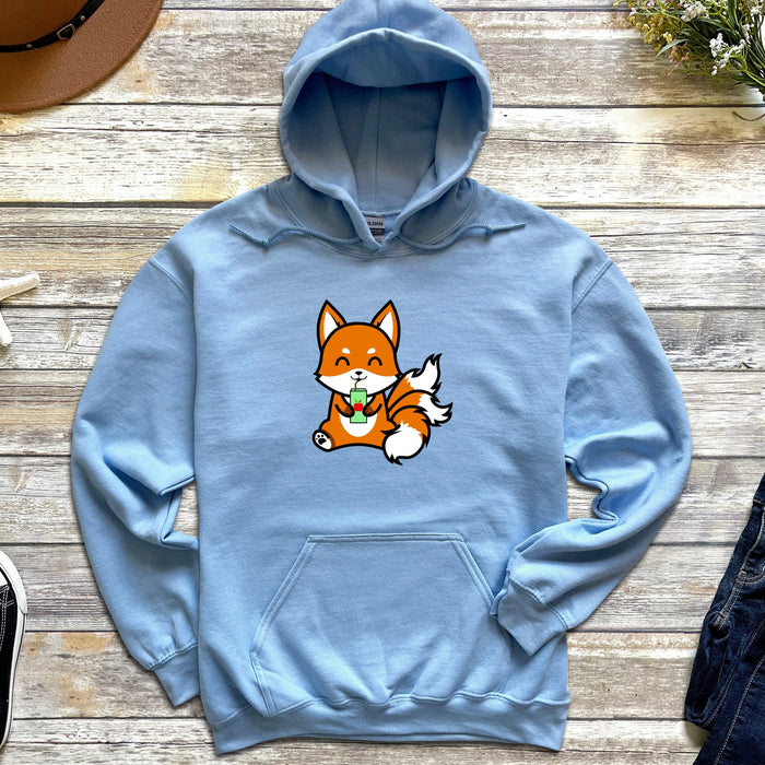 a blue hoodie with a picture of a fox on it