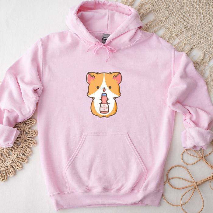 a pink hoodie with a corgi design on it