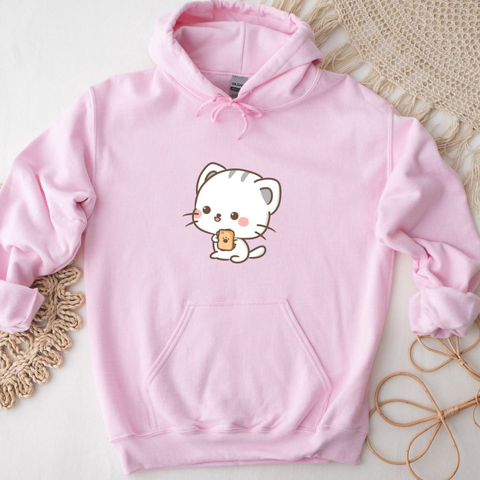a pink hoodie with a cartoon cat on it