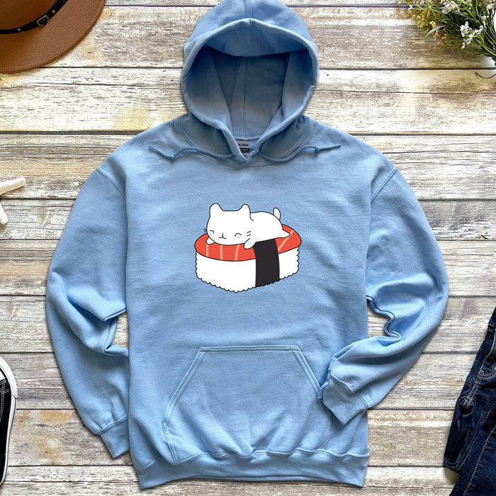 a blue hoodie with a sushi cat on it