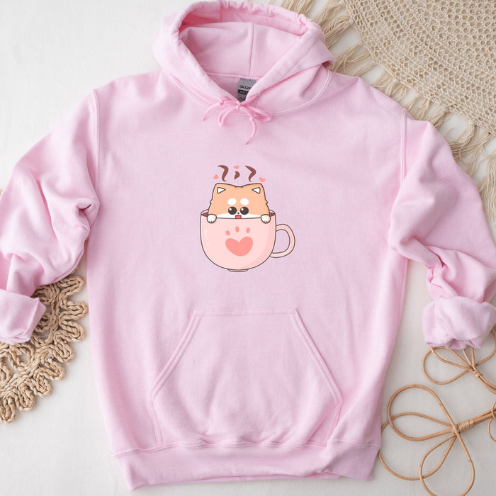 a pink hoodie with a picture of a cup of coffee on it