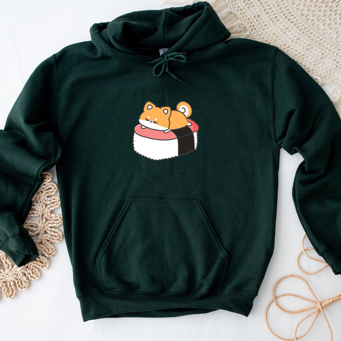 a green hoodie with a picture of a cat eating sushi