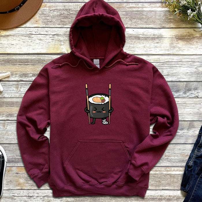 a red hoodie with a sushi character on it
