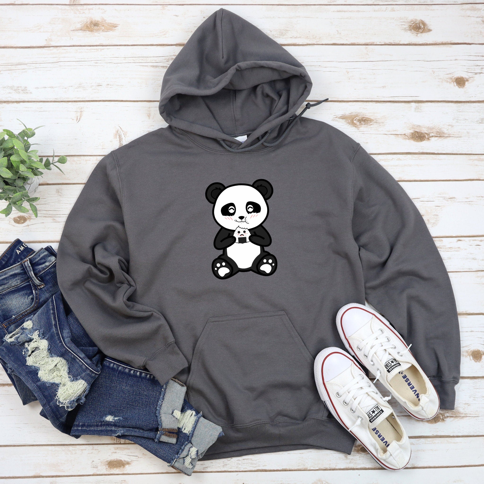 a gray hoodie with a panda bear on it