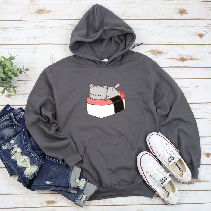 a gray sweatshirt with a cat eating sushi on it