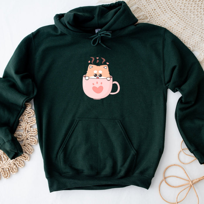 a green sweatshirt with a coffee cup on it