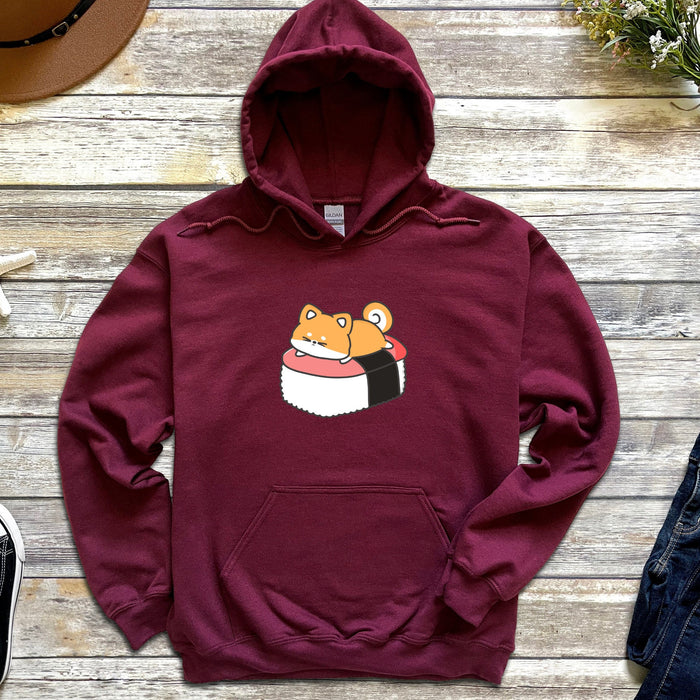 a red hoodie with a sushi character on it