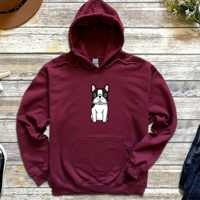 a maroon hoodie with a picture of a dog on it
