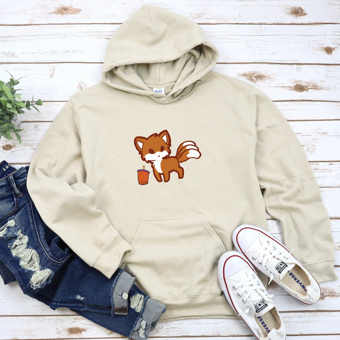 a white hoodie with a fox on it