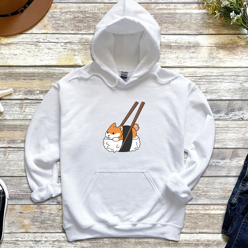 a white hoodie with a picture of a cat on it