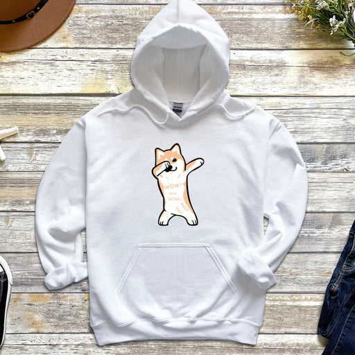 a white hoodie with an image of a dog on it