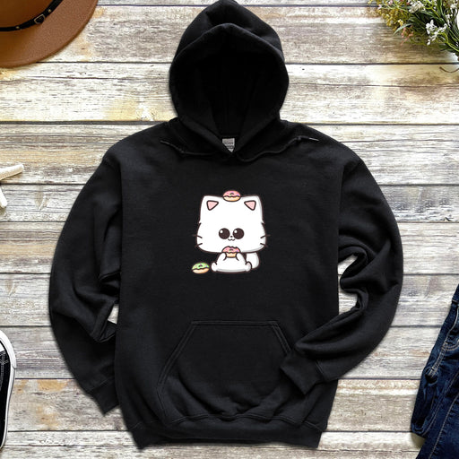 a black hoodie with a white cat on it