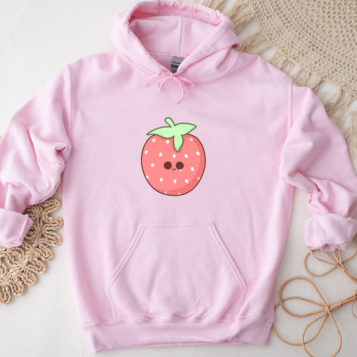 a pink hoodie with a strawberry on it