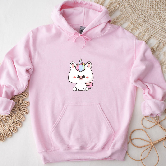 a pink hoodie with a cartoon unicorn on it