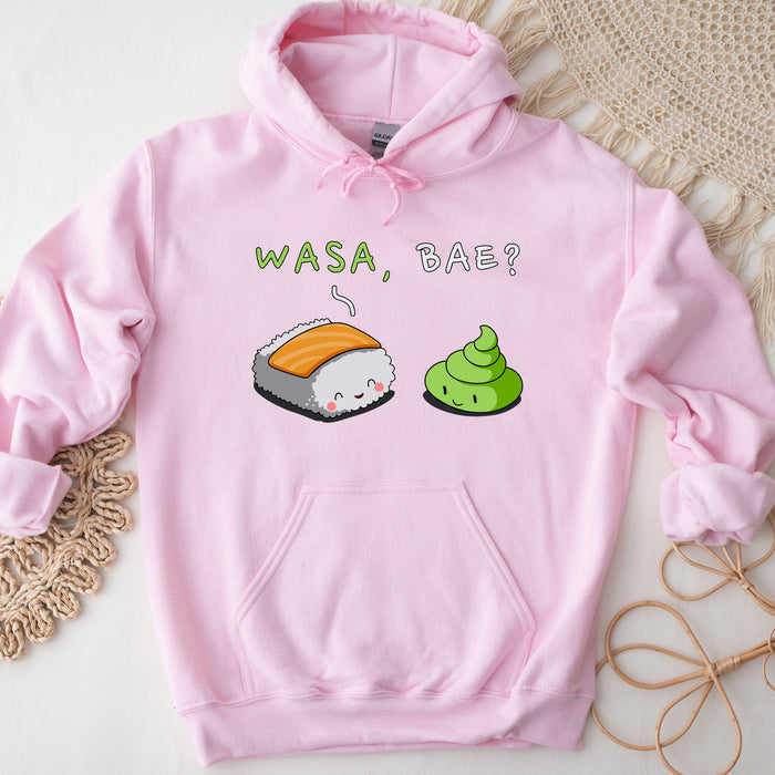 a pink sweatshirt with sushi and a roll on it