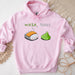 a pink sweatshirt with sushi and a roll on it