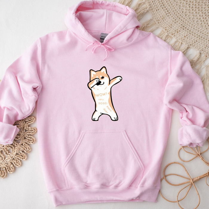 a pink hoodie with a dog on it