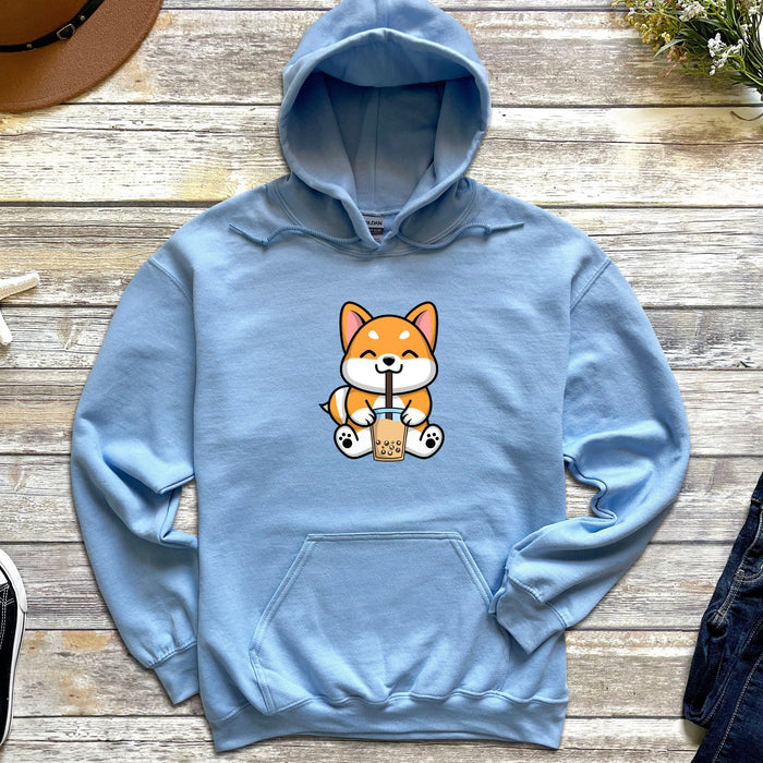 a blue hoodie with a cartoon fox on it