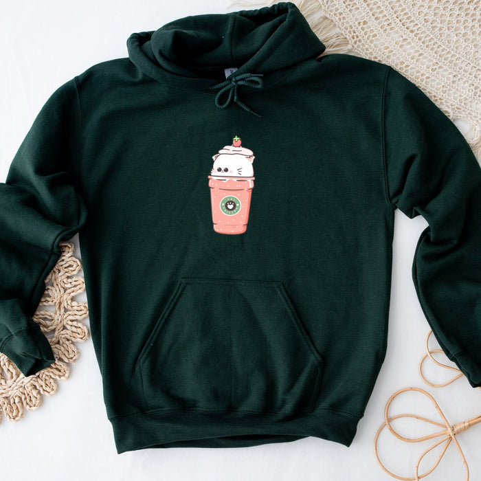 a green hoodie with a picture of a coffee cup on it