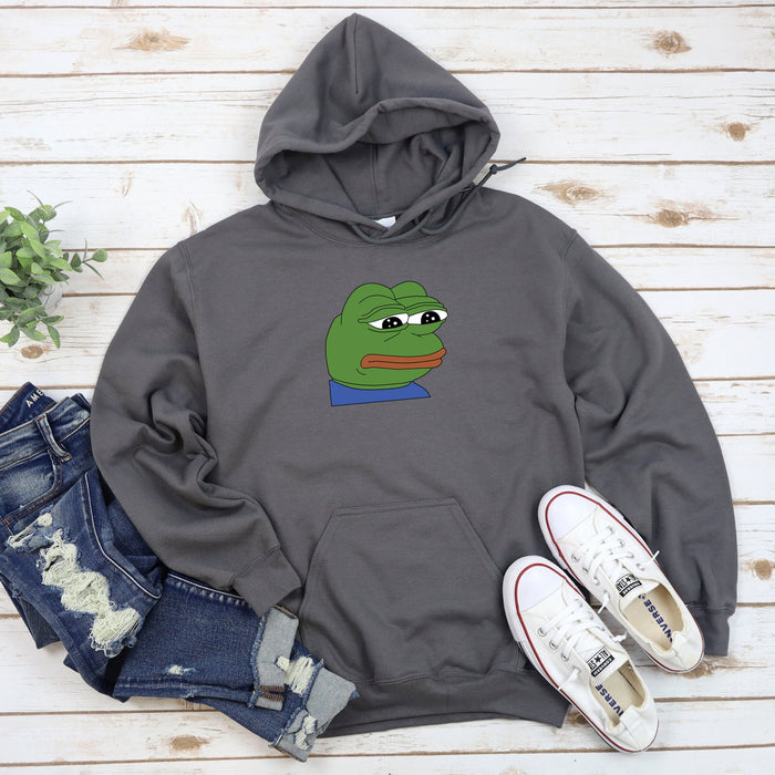 a gray hoodie with a green frog on it