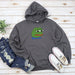 a gray hoodie with a green frog on it